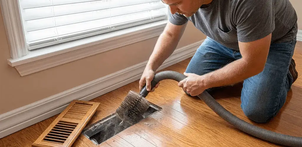 Air duct cleaning technician vacuuming a floor vent and duct opening in Lakewood, CO