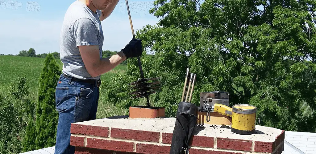 Chimney cleaning technician working on a rooftop chimney with professional tools in Lakewood, CO