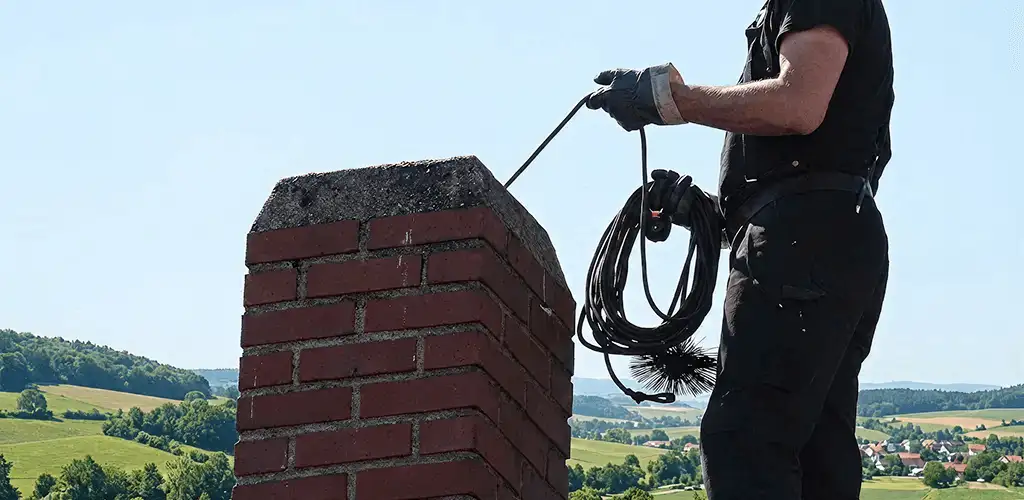 Chimney sweep inspecting and cleaning a rooftop chimney in Lakewood, CO
