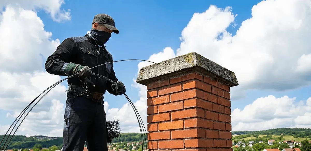 Chimney sweep cleaning a brick chimney with professional tools in Lakewood, CO