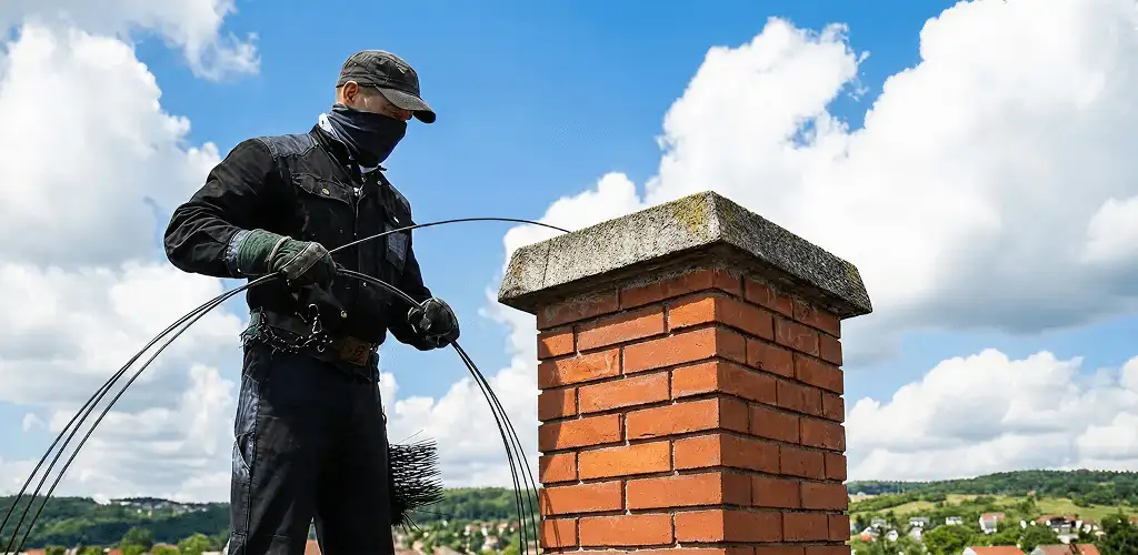 Chimney sweep cleaning a brick chimney with professional tools in Lakewood, CO