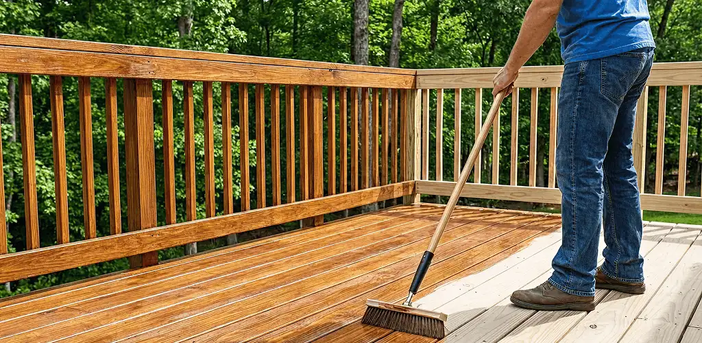 Deck staining and sealing application on a wood deck in Lakewood, CO