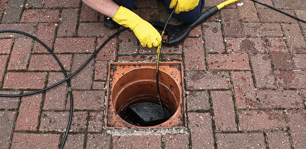 Drain cleaning technician using a drain snake to clear a clogged drain in Lakewood, CO