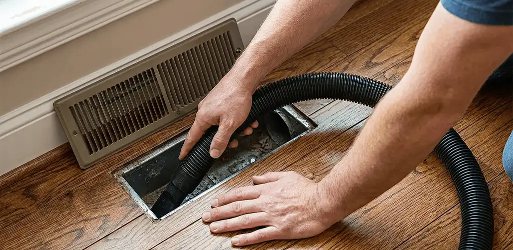 Air duct cleaning technician vacuuming a floor register and duct opening in Lakewood, CO