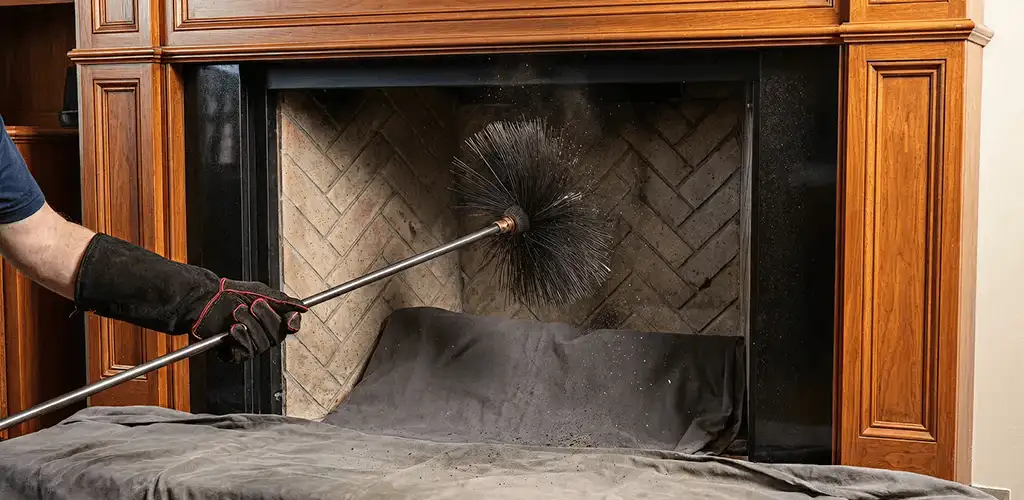 Chimney cleaning service brushing soot from a fireplace and flue in Lakewood, CO