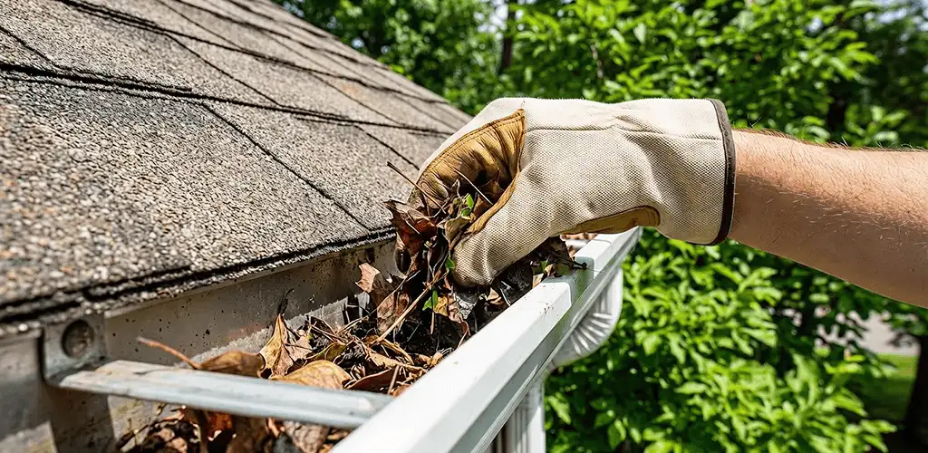 Gutter cleaning removing leaves and debris from roof gutters in Lakewood, CO
