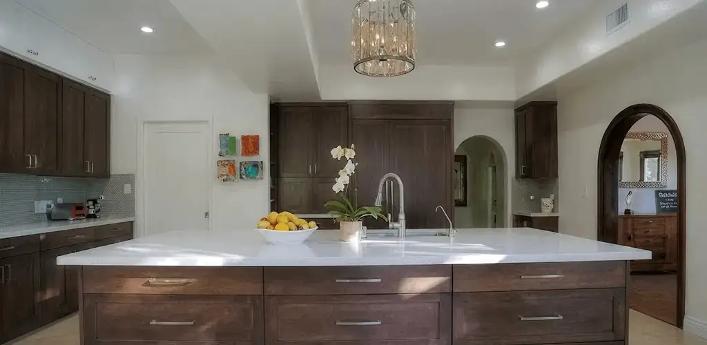 Cabinet refacing project with updated kitchen cabinets and island in Lakewood, CO