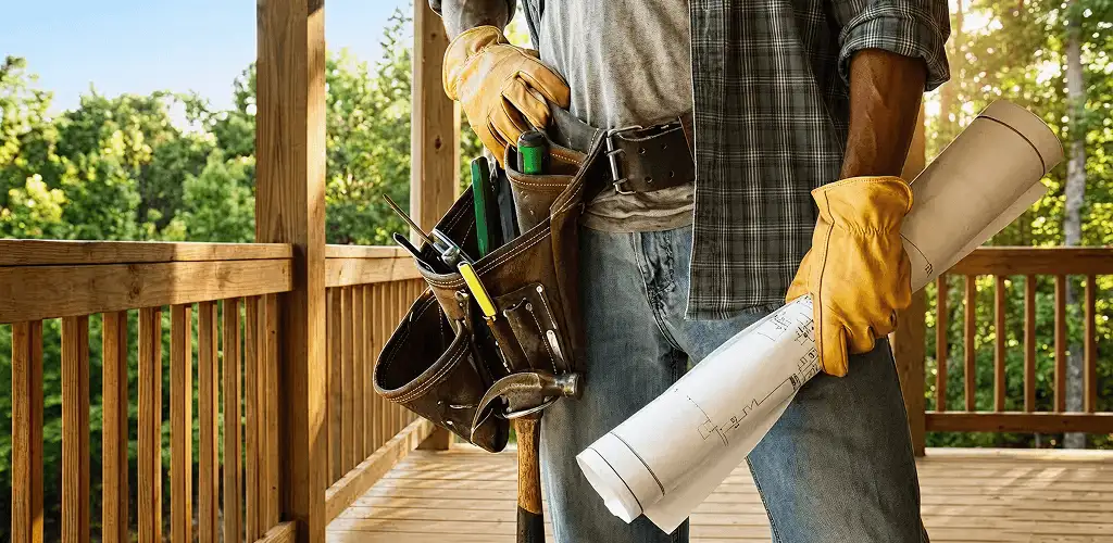 Professional handyman with tool belt ready for home repairs in Lakewood, CO