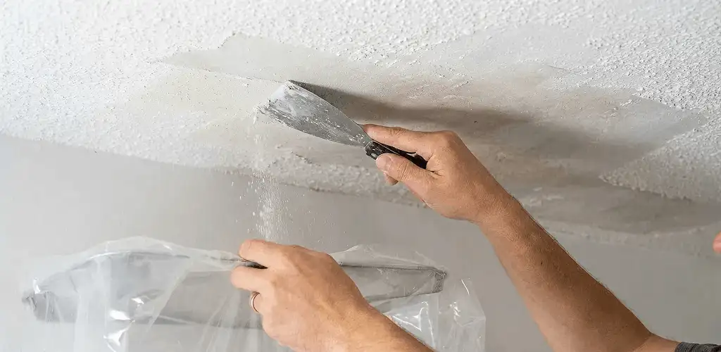 Popcorn ceiling removal technician scraping texture from a ceiling in Lakewood, CO