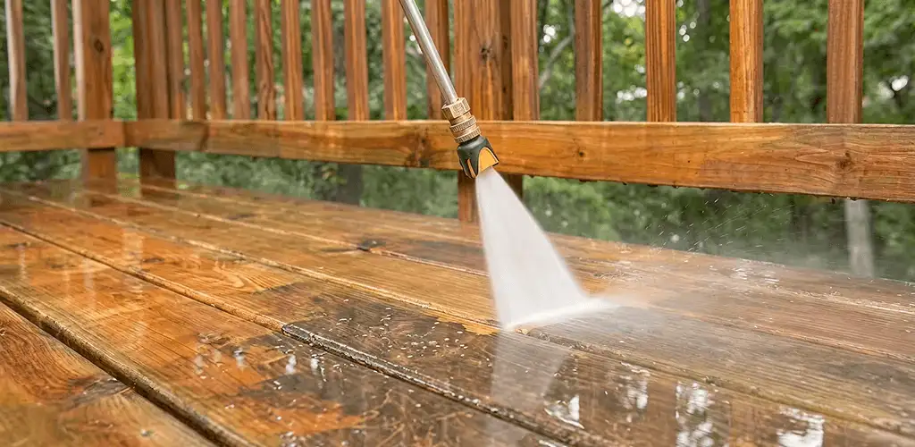 Pressure washing a wood deck to remove dirt and buildup in Lakewood, CO