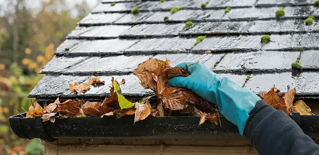 Gutter cleaning technician clearing wet leaves from roof gutters in Lakewood, CO