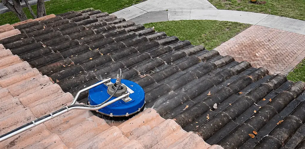 Roof pressure cleaning removing debris and buildup from roof tiles in Lakewood, CO