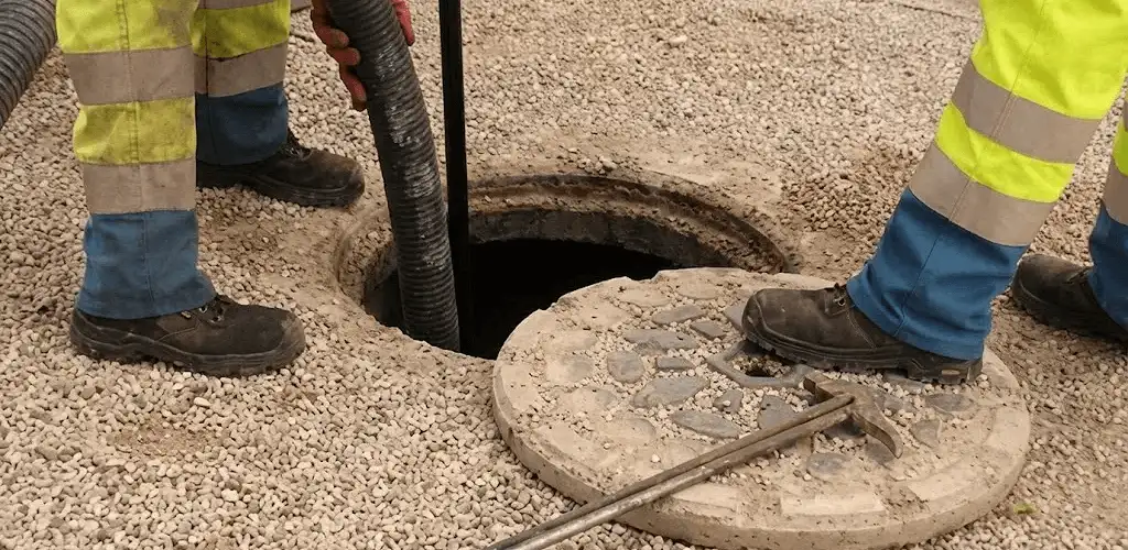 Drain cleaning crew clearing a sewer access point with professional equipment in Lakewood, CO
