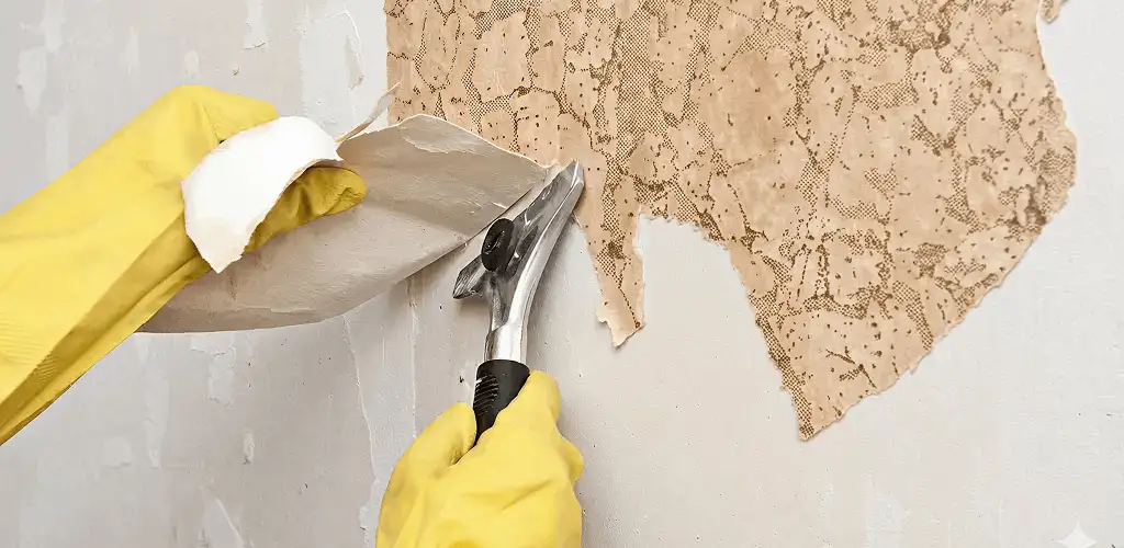 Wallpaper removal service stripping old wallpaper from a wall in Lakewood, CO